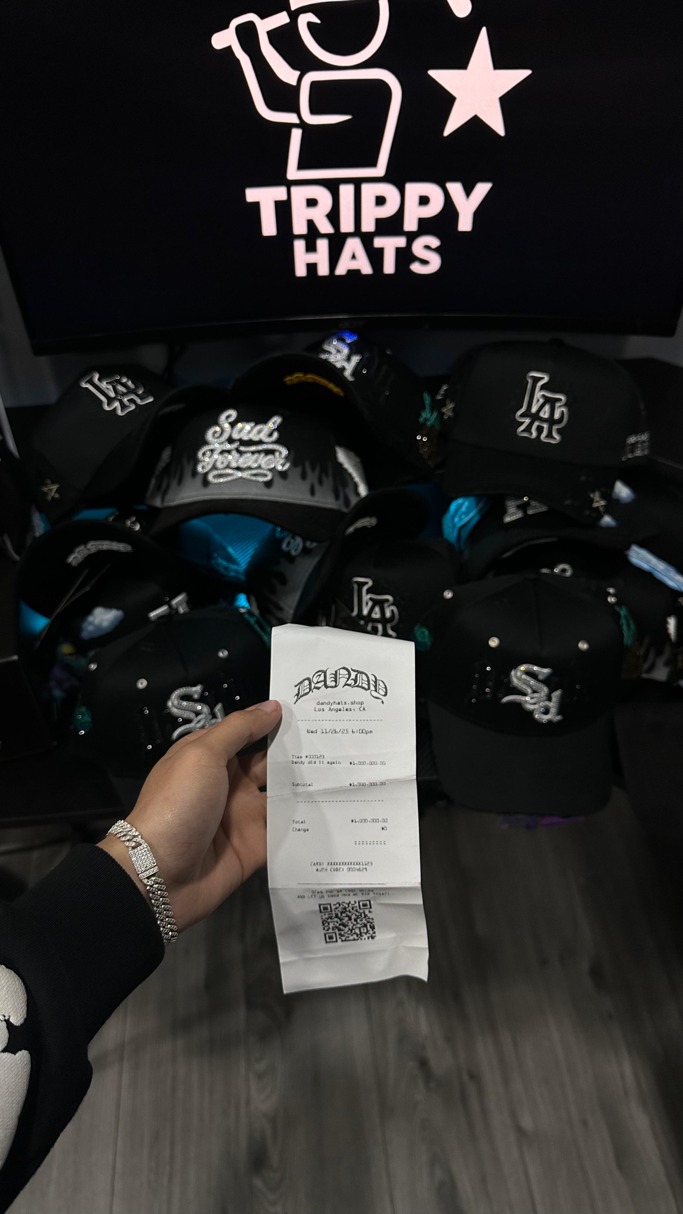 Productos Trippy Hats y comprobante de compra